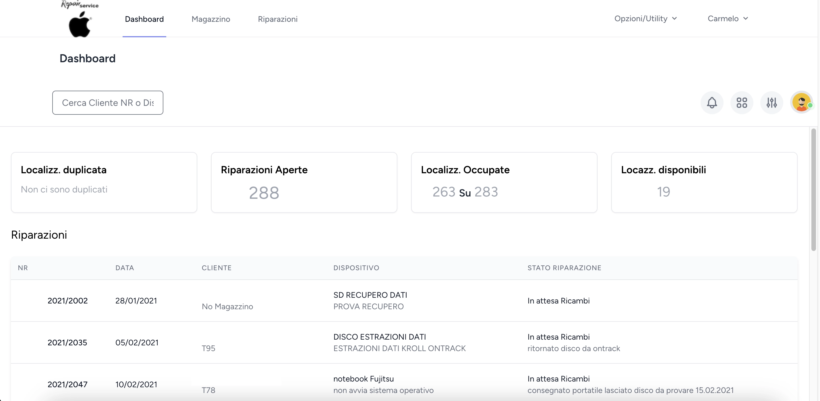 Dashboard con riparazioni aperte e stato delle locazioni